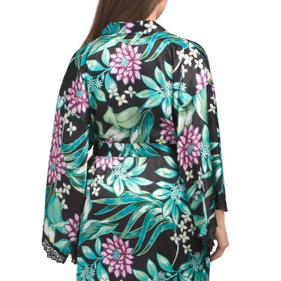 In BloomβM-L-XL Green Pink White Satin Floral Short Kimono Robe - Picture 4 of 4